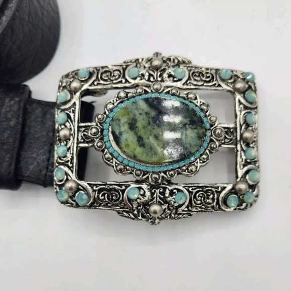 Leatherock Genuine Leather Black Belt Turquoise Silver Rectangle Buckle Belt - Picture 4 of 11